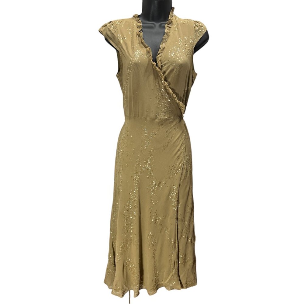 Y2K Medium Silk Gold Metallic Glitter Babydoll Wrap Dress 90s Cocktail Formal